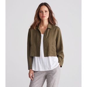 Eileen Fisher Army Olive Green Linen Cropped Classic Collar Jacket Womens XL NWT